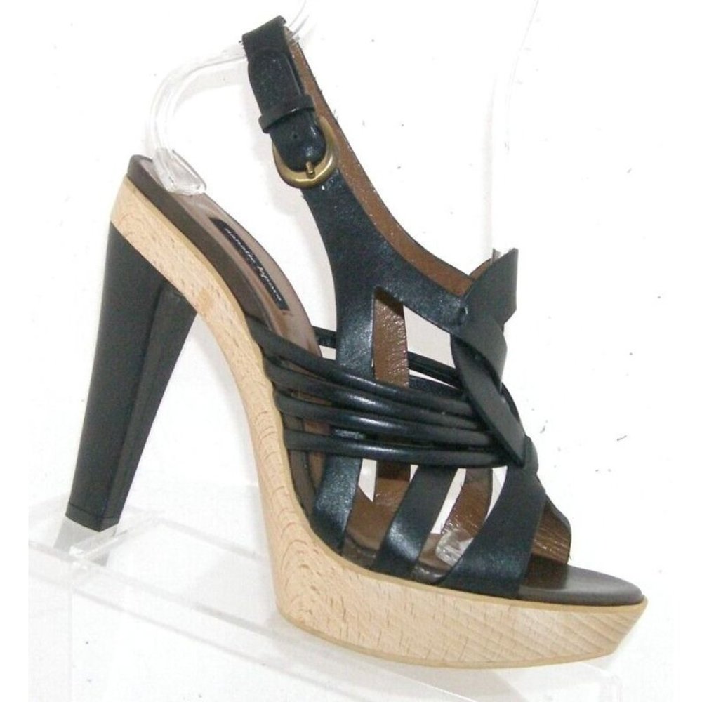 Nanette Lepore black leather buckle slingback platform sandal heels 9